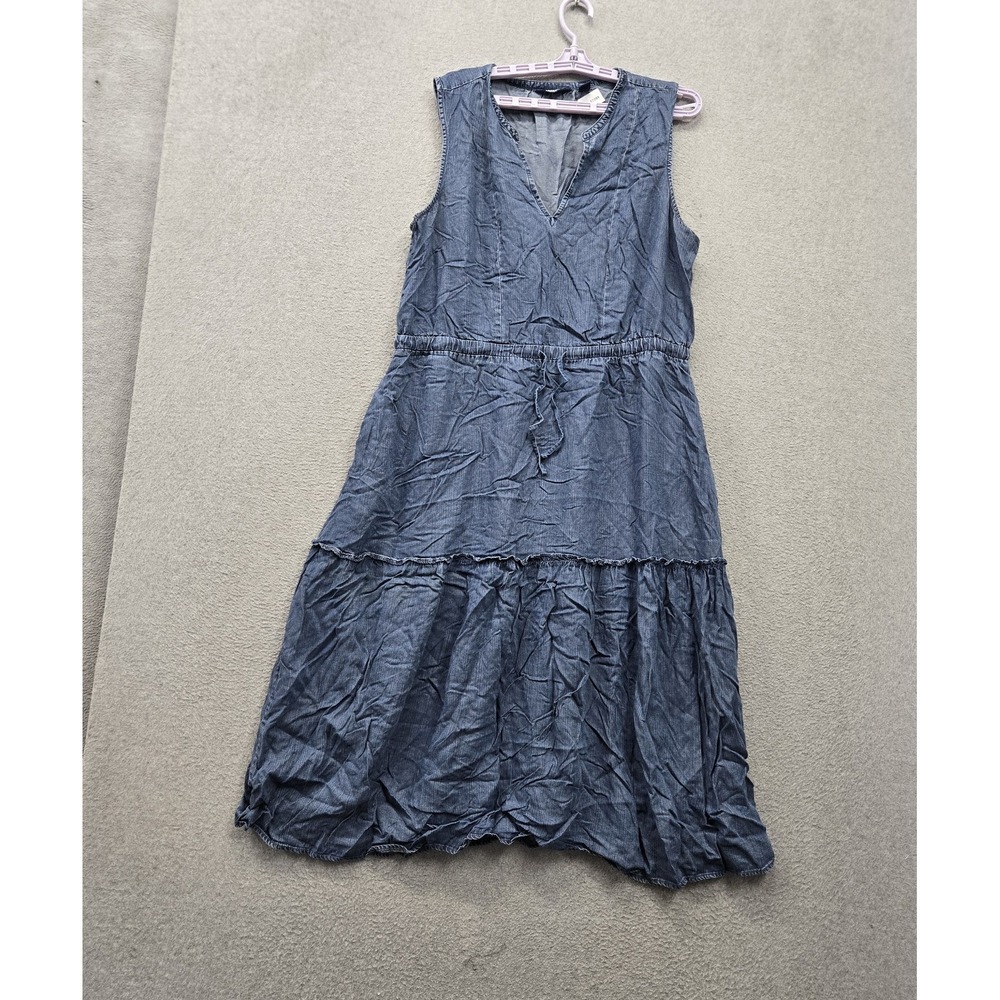 Lands' End Women Dress XL Blue Chambray Midi A-Line Ruffle Sleeveless Tiered